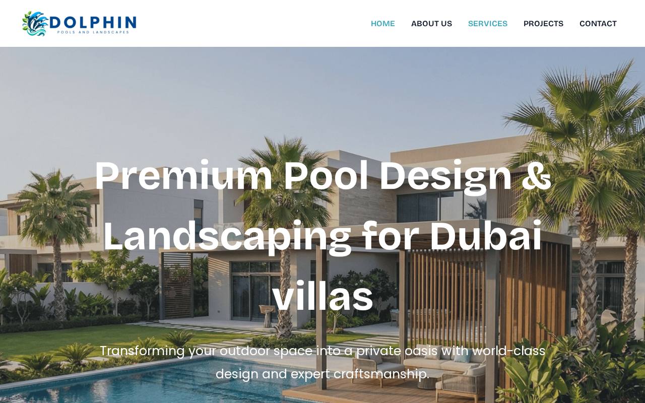 Screenshot of the Dolphins Pools & Landscapes website reviewed during research